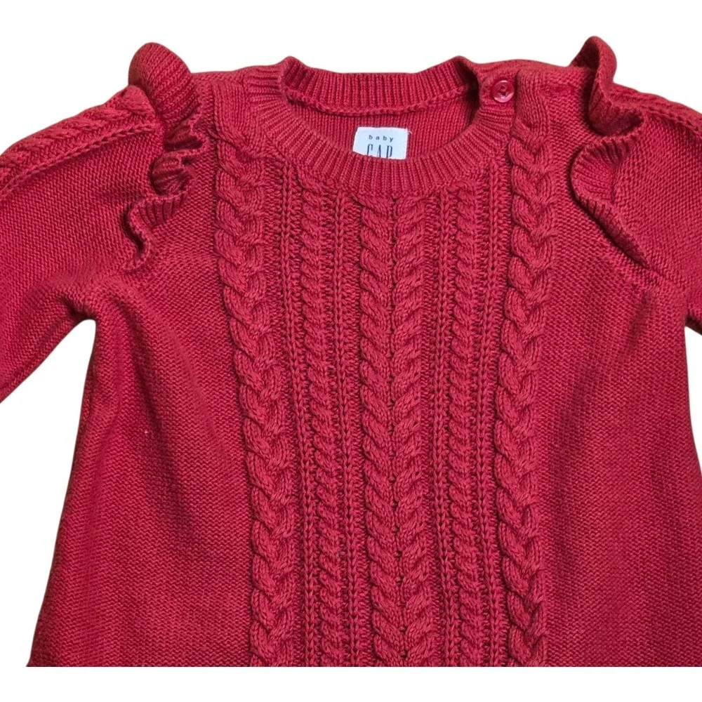 Baby Gap Cable Knit Sweater‎ Dress Ruffle Shoulders Red Cotton Blend 6-12 Months